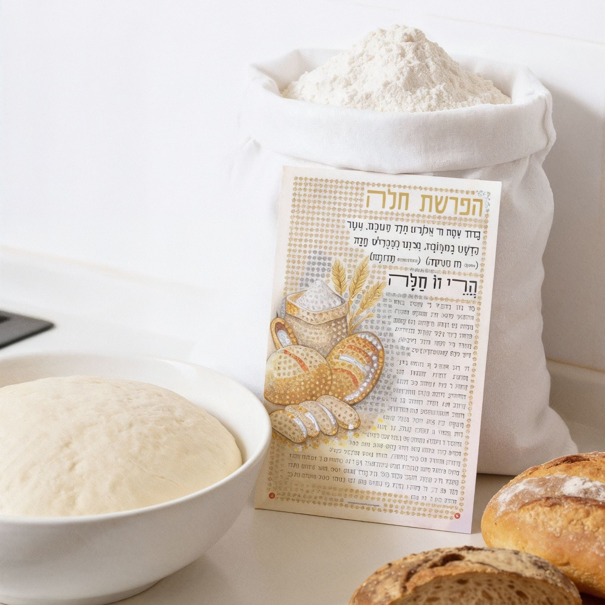Color-It acrylic diamond art Hafroshas Challah tabletop featuring the Hebrew prayer text with gold wheat and challah illustration, displayed beside flour and freshly baked bread.