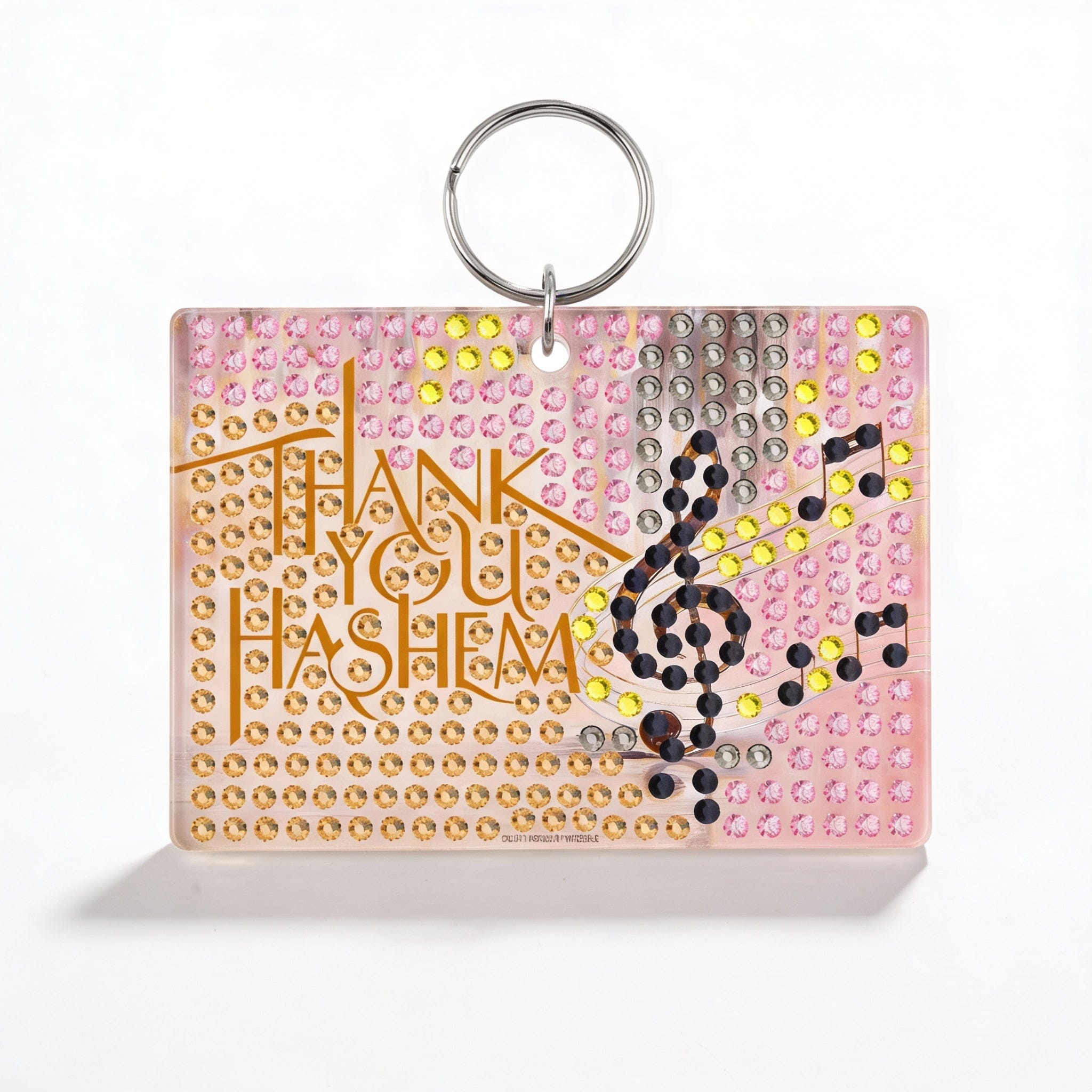 Diamond Art “Thank You Hashem” Keychain, sparkling rhinestone Judaica keyring with musical note design, inspirational Jewish gift, colorful crystal art accessory for keys, backpacks, or party favors.