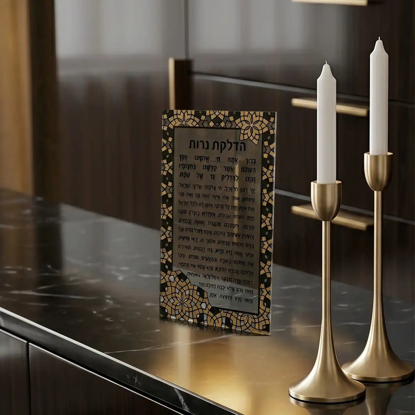Color it acrylic Hadlokas Neiros card set on a buffet with candlesticks.