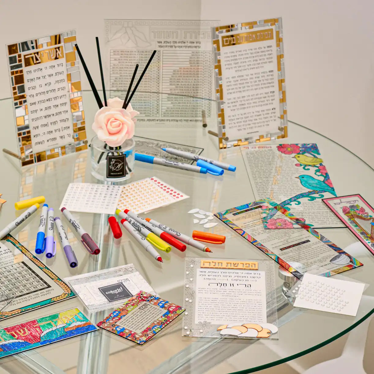 Lifestyle table of different Color it Acrylic crafts set up as a craft table.