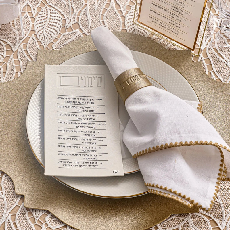Rosh Hashanah napkin wraps and a simanim card on a holiday tablescape