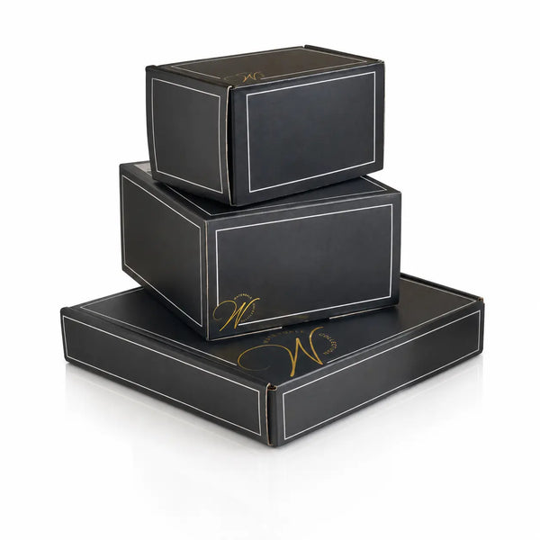 Three nested black Waterdale gift boxes with white border lines and gold monogram lettering, displayed on a clean white background.