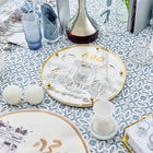 Painted Bais Hamikdash Seder Plate with gold trim displayed on patterned tablecloth, showing detailed ceramic design for Pesach holiday meals.