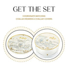 Waterdale Collection's Painted Bais Hamikdash Seder plate and matzah box set featuring detailed ceramic dishes with traditional Jewish temple artwork in gold and cream tones.