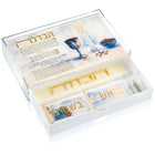 Painted Havdalah tray set with white drawer by Waterdale Collection, displaying ceramic plate, candles, and spice holder for Shabbat ceremonies.