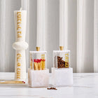 Pearlstone Block Havdalah Set by Waterdale Collection featuring white ceramic candleholder, spice tower, and kiddush cup arranged on white surface.