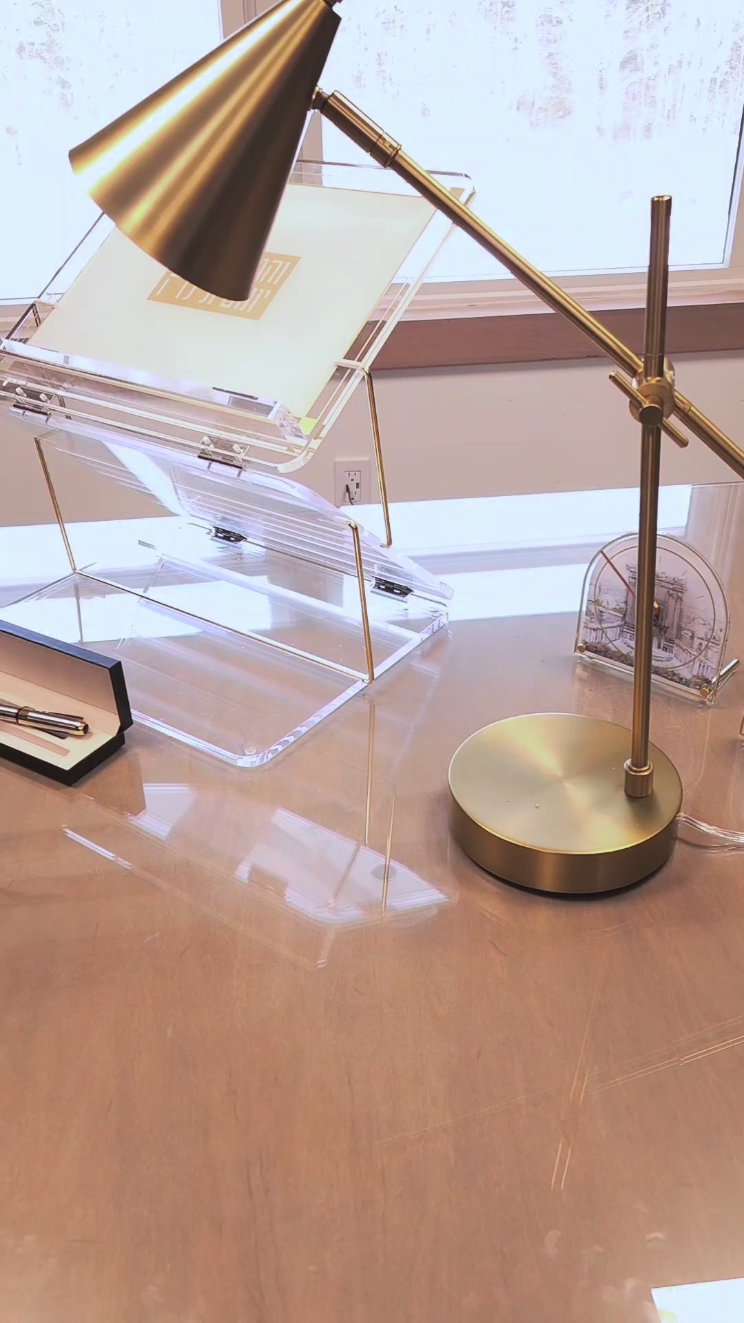 Kosel pearlstone frame desk clock with Jerusalem Wall design displayed on elegant desk – Waterdale Collection