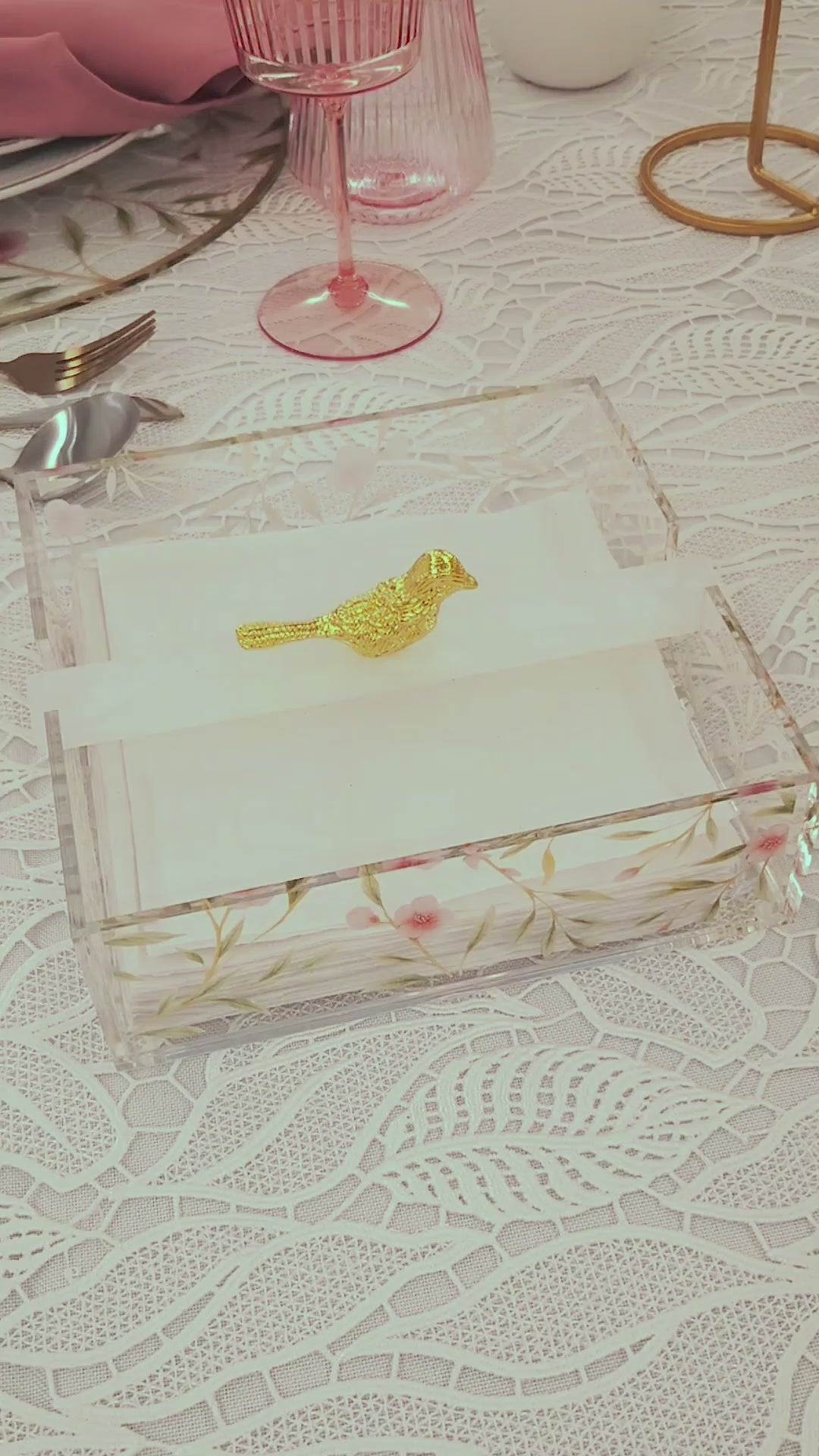 Floral Bird Designed cake dome, napkin holder and serving tray with items inside all the items.