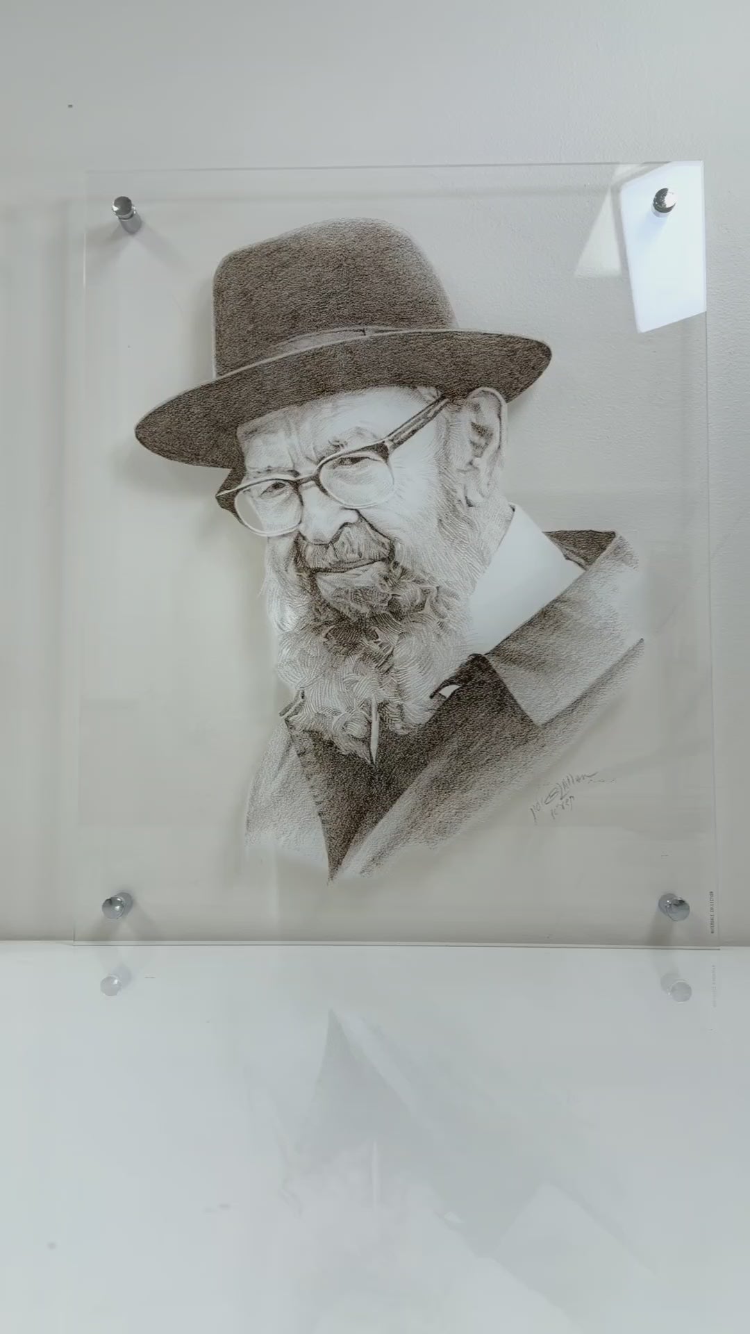 Gedolim Wall art sketch, either with a white mask or without a white mask showing the depth of the image. Printed on clear acrylic for added depth.
