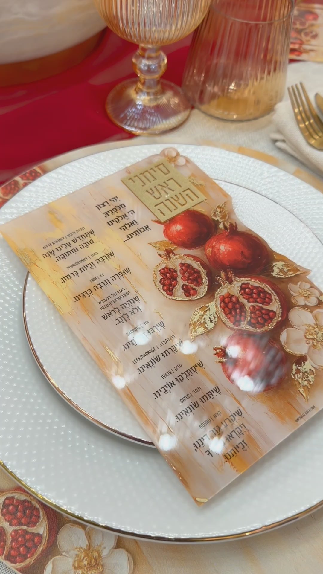 Rosh Hashana Table setting featuring painted designed leather charger, leather napkin wrap, lucite simanim card. tutorial showing how to make the setting.