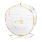 Standing pearlstone matzah box with gold-tone frame and Hebrew text, displayed on white base for Pesach table décor.