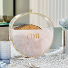Standing pearlstone matzah box by Waterdale Collection with round lucite design and gold accents for Pesach tabletop display.