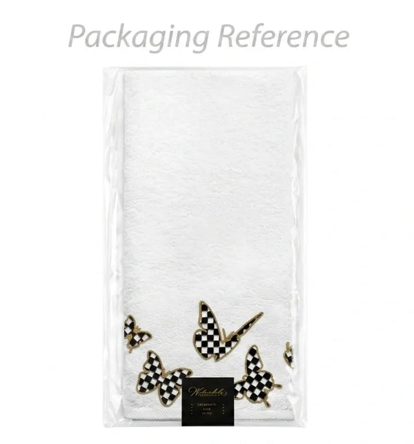 White towel with decorative butterflies on a white background packaged in cellophane with a Waterdale logo