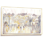 Modern abstract Western Wall painting by Batya, layered neutral-toned Kosel wall art on clear acrylic with gold border and gold mounting hardware. | Waterdale Collection