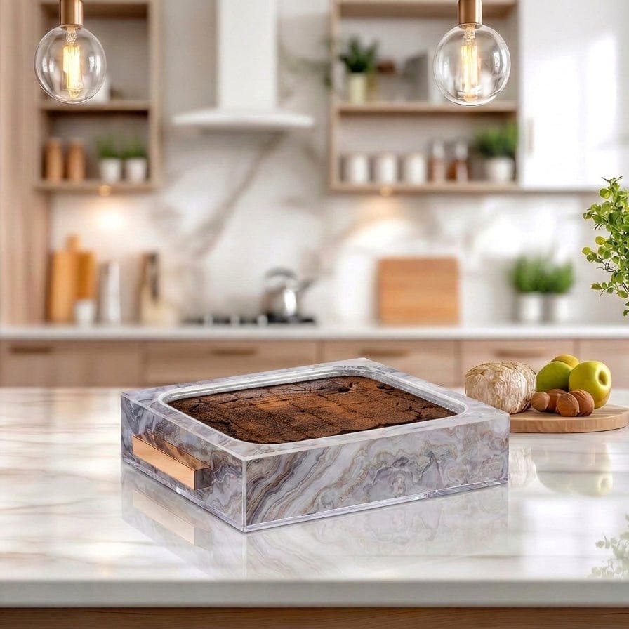 Brownies in a agate pan holder on a kitchen counter with a modern kitchen background - Waterdale Collection