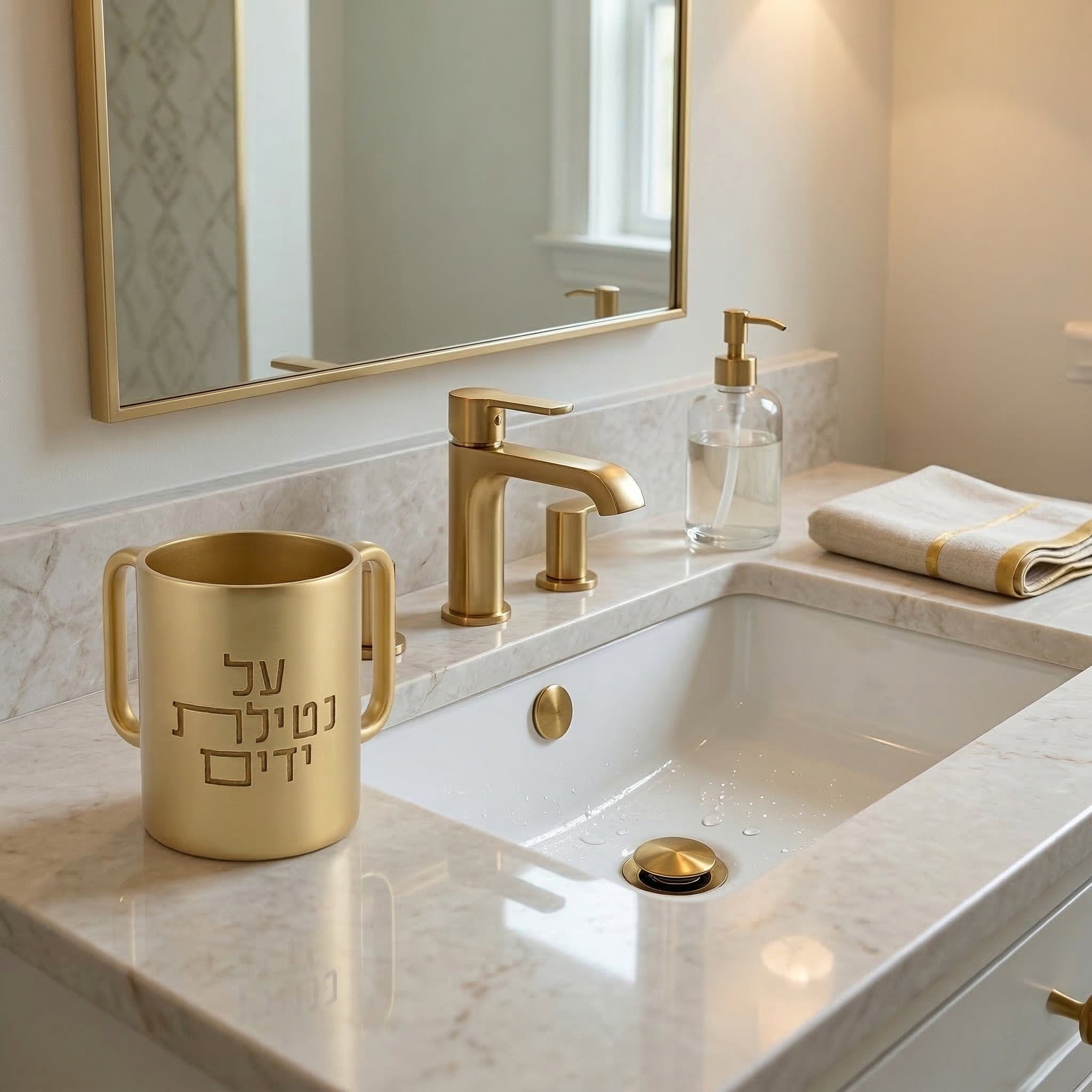 Modern gold Netilat Yadayim washing cup on marble sink countertop – Waterdale Collection