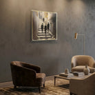Painting of men walking through a alleyway. Soft painted look with gold accents on a clear square acrylic.