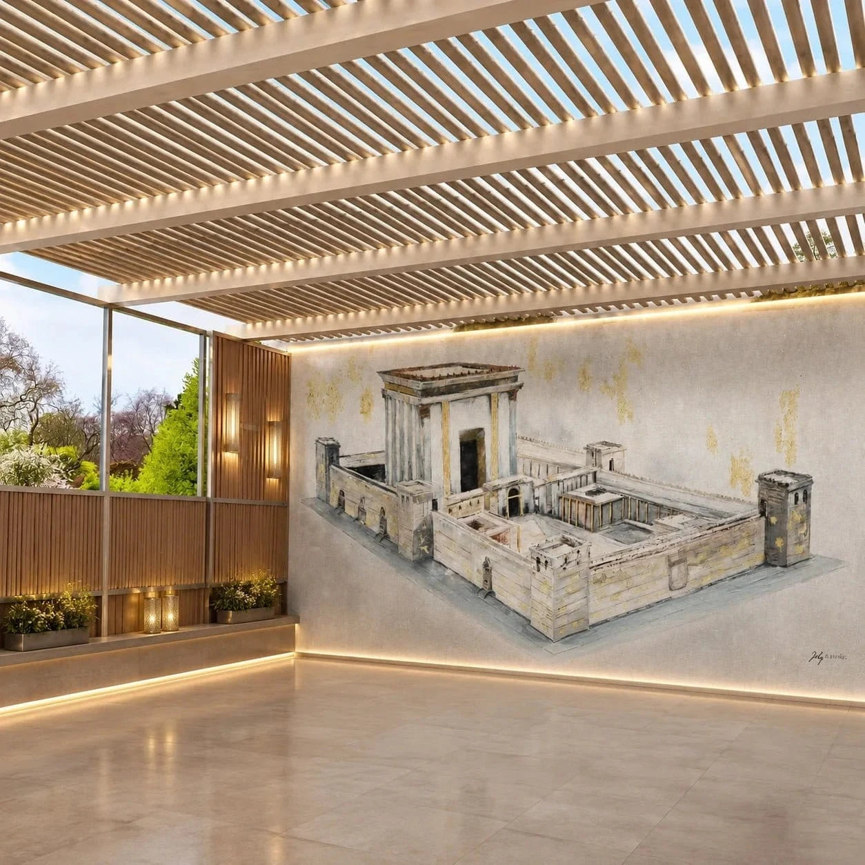 Bais Hamikdash by Judy vinyl sukkah mural covering a full sukkah wall in a modern pergola with wood slat ceiling and garden view