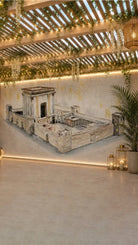 Bais Hamikdash by Judy vinyl sukkah mural on a full sukkah wall under a pergola draped with greenery and warm string lights