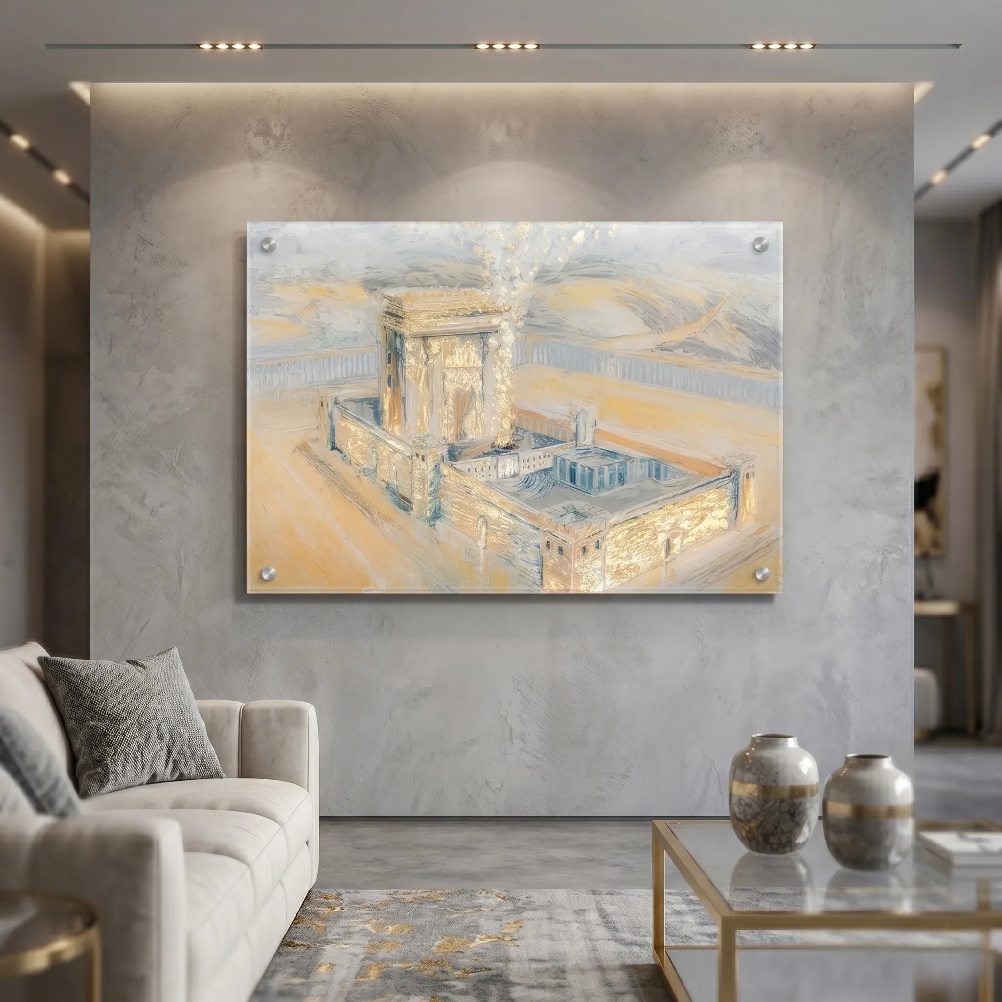 Floating lucite Beis Hamikdash judaica wall art in gray and gold.