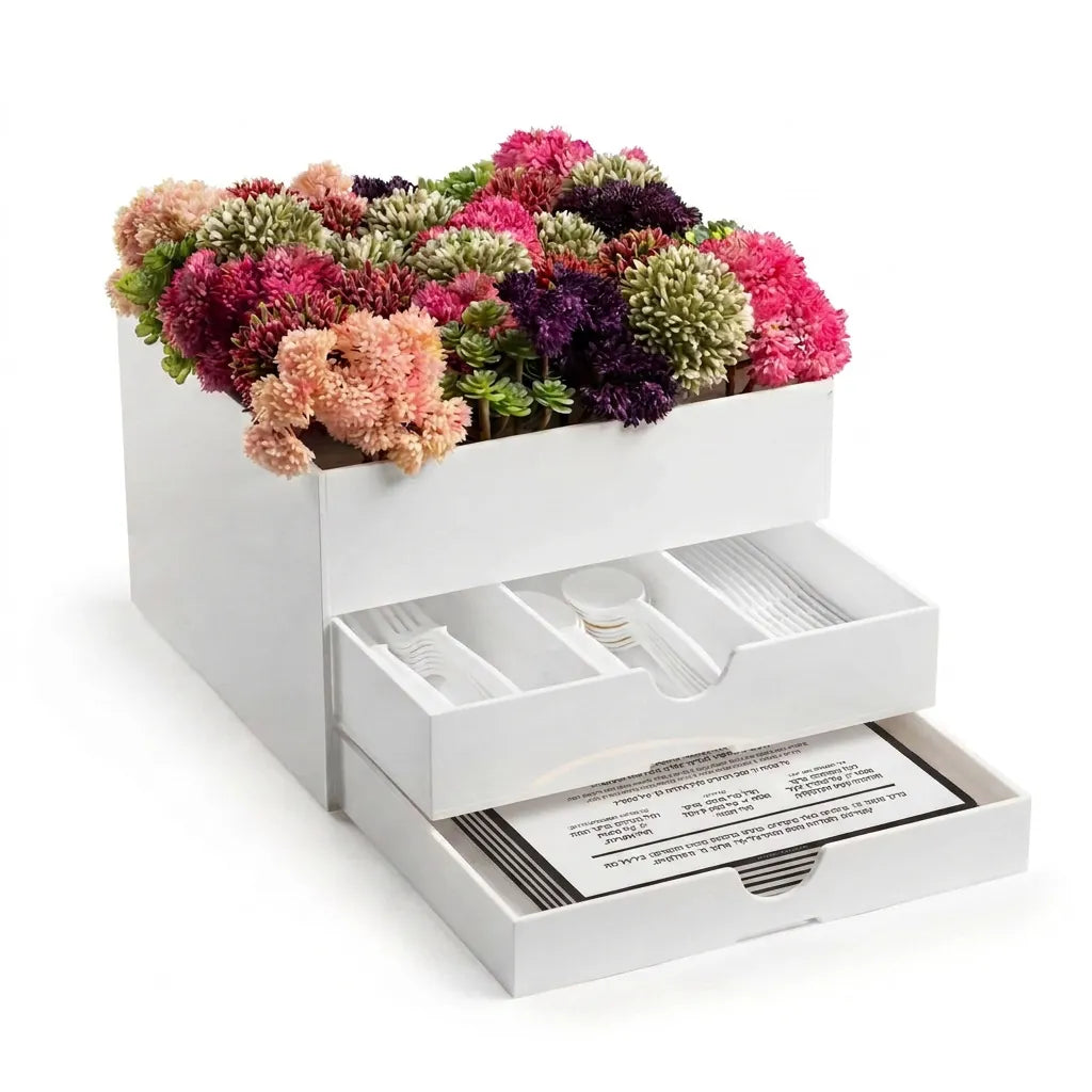 White Silverware caddy with floral top and open drawer revealing cutlery and benchers - Waterdale Collection