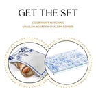 Blue French toile challah bread pouch and matching cloth cover set displayed together, showing delicate blue pattern detail on white fabric.