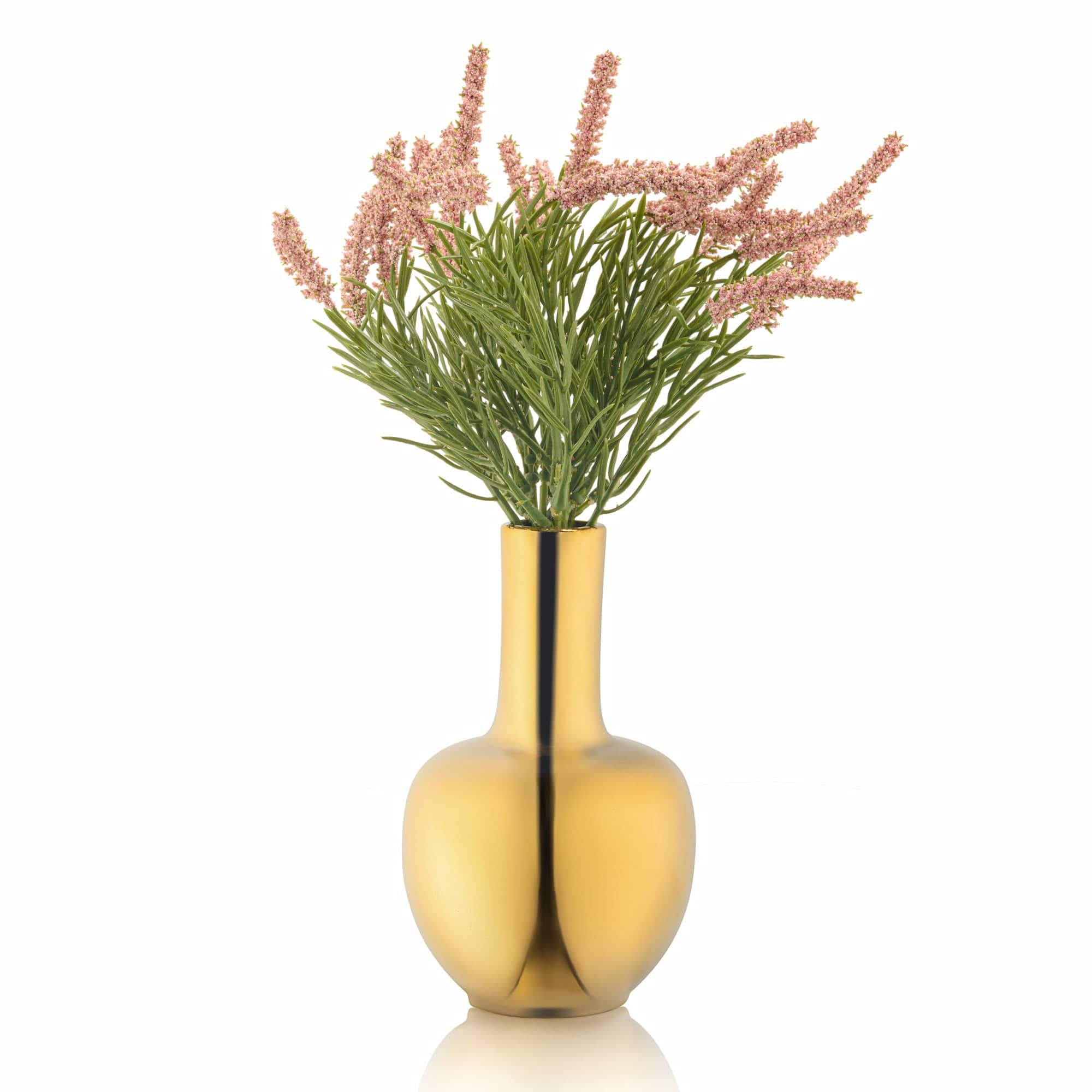Blush faux floral arrangement in a gold vase featuring soft pink artificial stems with green foliage and a metallic finish.
