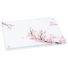 Cherry Blossom Challah Board and Cover Set with pink floral design on white glass serving board and matching cloth cover.