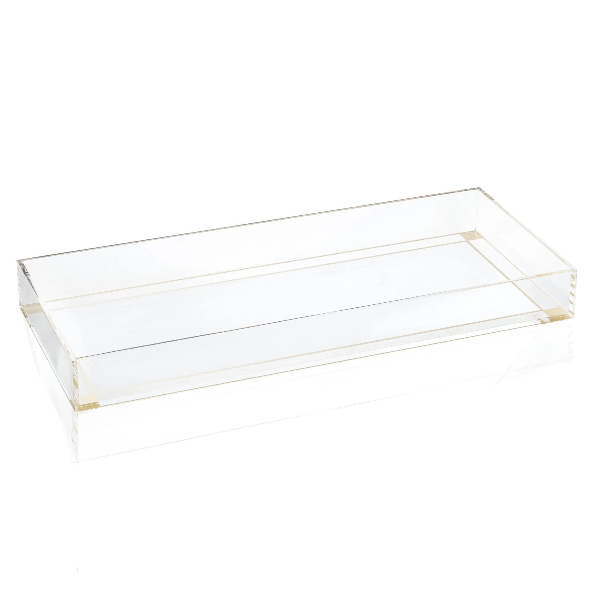 Clear acrylic tray with gold edges on a white background - Waterdale Collection