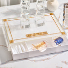 Classic 2.0 Hadlokas Neiros Tray with Drawer in white and gold acrylic, modern Shabbat candle lighting tray with built-in storage for matches and candles, luxury Judaica decor for Shabbos and Yom Tov.