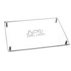 Clear glass Challah board with metal corner clips and matching cover from Waterdale Collection's classic set.