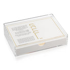 Waterdale collection - havdalah Clear acrylic box with a white drawer nd gold text on a white background