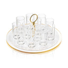 Classic Pearlstone liquor set with clear round stand, gold accents, and multiple shot glasses, elegant barware for entertaining | Waterdale Collection