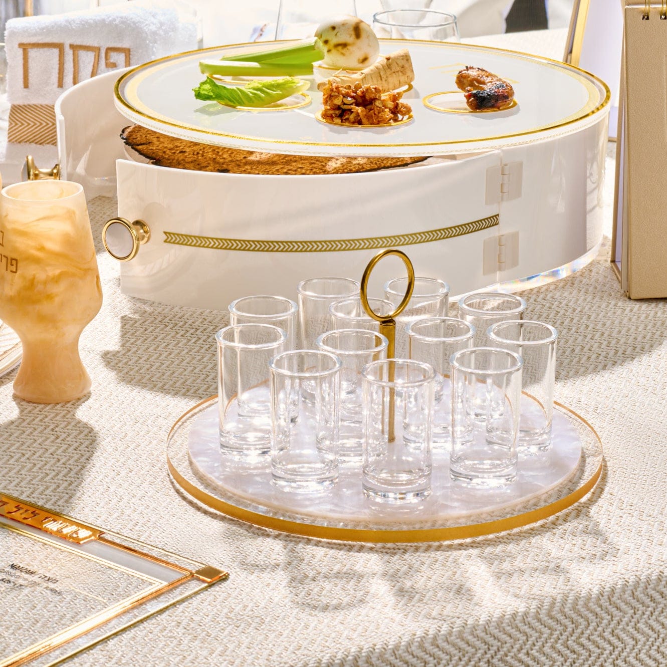 Classic Pearlstone Liquor Set with acrylic tray and glass shot cups, elegant Judaica liqueur set for Shabbat and Yom Tov, luxury Jewish table decor for Kiddush and holiday entertaining.