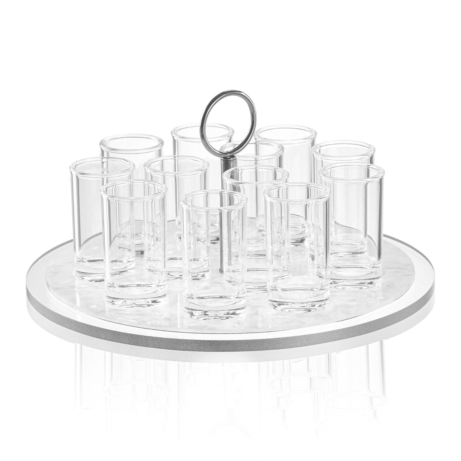 Classic Pearlstone liquor set with clear round stand, silver accents, and multiple shot glasses, elegant barware for entertaining | Waterdale Collection