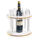 Classic round liquor set with clear acrylic stand, gold trim, shot glasses, and wine bottle centerpiece, elegant barware for entertaining | Waterdale Collection