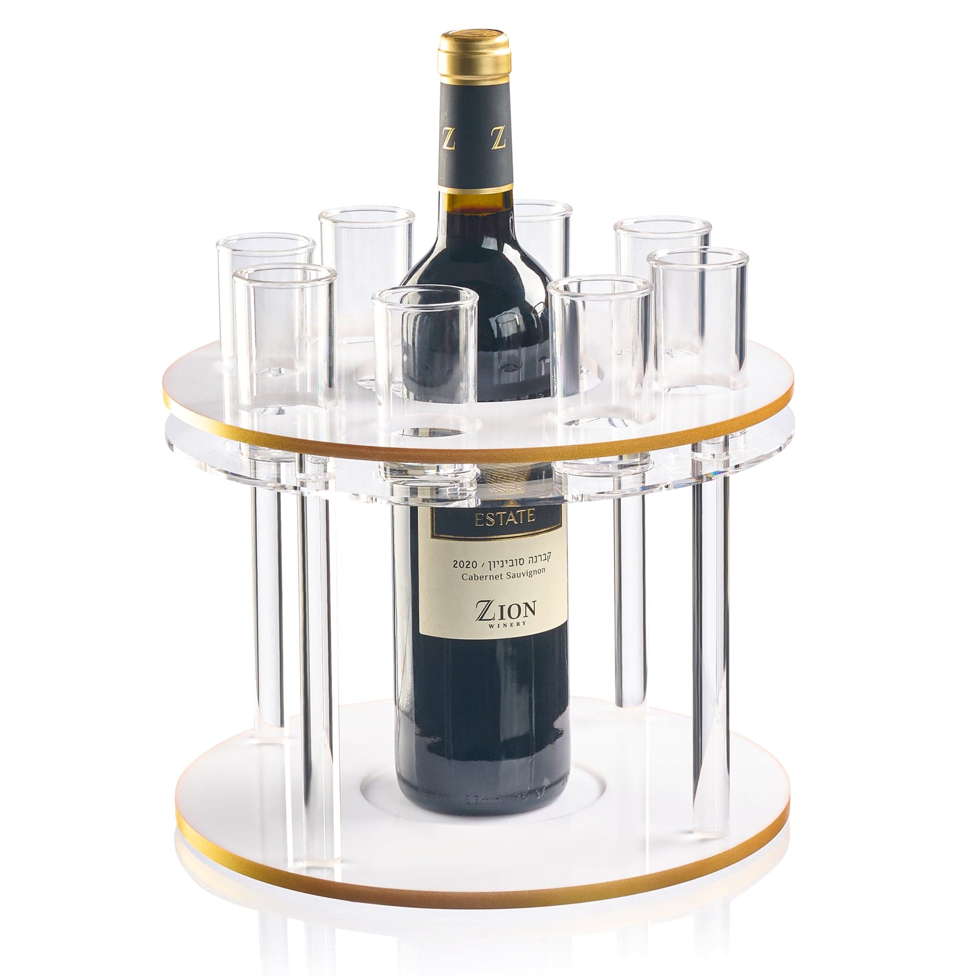 Classic round liquor set with clear acrylic stand, gold trim, shot glasses, and wine bottle centerpiece, elegant barware for entertaining | Waterdale Collection
