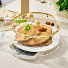 Classic Script bencher set matzah box featuring a clear acrylic and gold Seder plate design with labeled compartments, displaying matzah and traditional Pesach symbols on an elegant table setting.