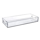 Clear acrylic storage organizer tray with handles, ideal for displaying and organizing classic towels and bathroom essentials neatly.