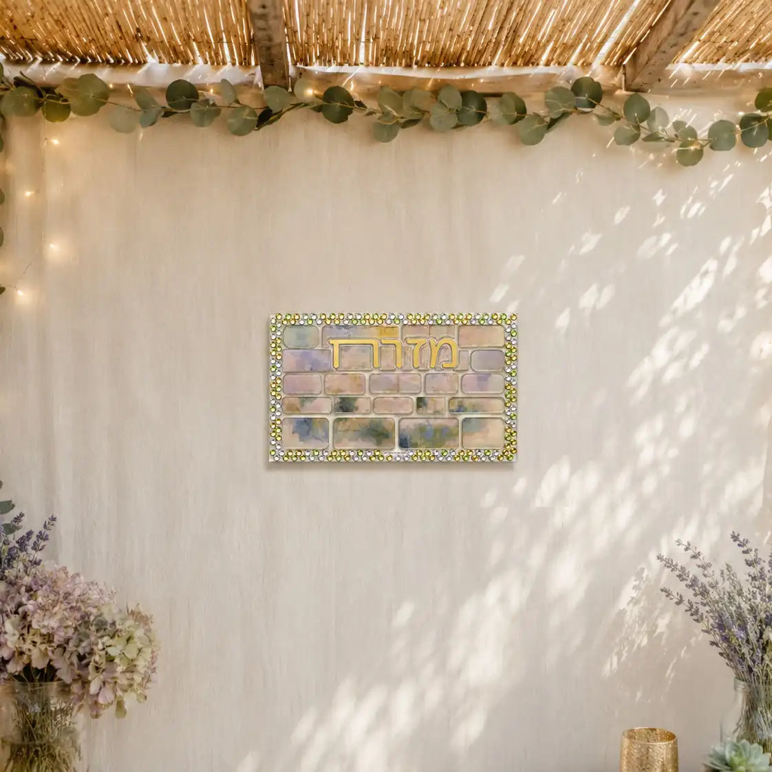 Mizrach mosaic color it acrylic sign hanging in a sukkah.