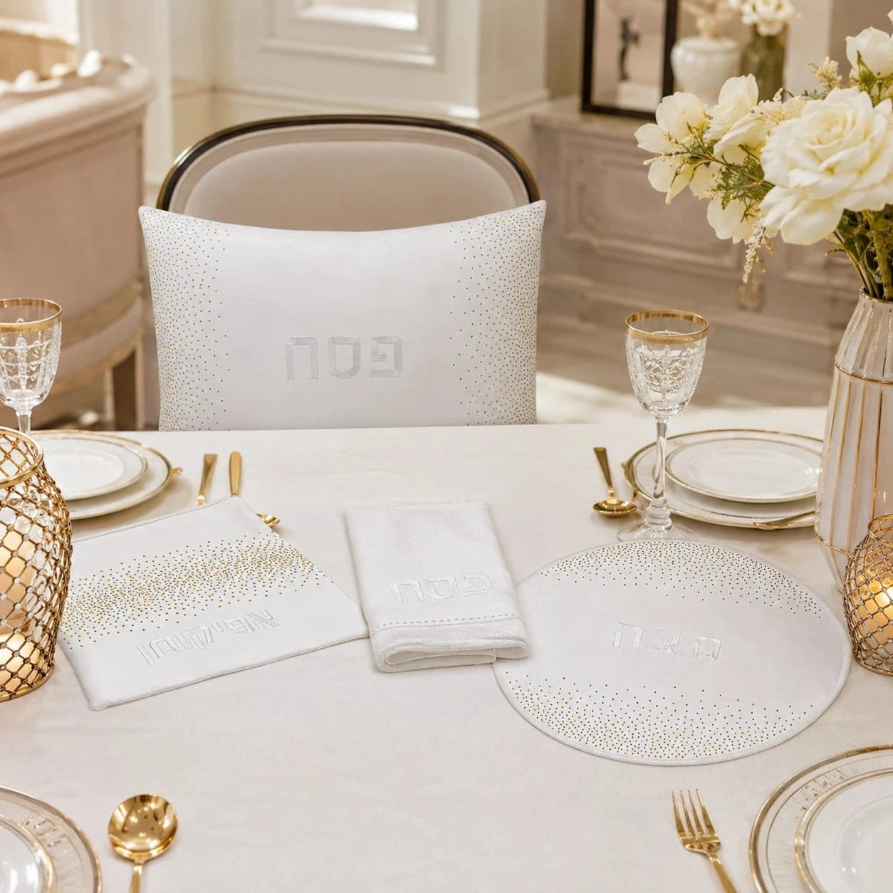 A styled dining table setting featuring a white embroidered pesah set cushion, matching white napkins, a white placemat, and gold-accented tableware in a bright, elegant room.