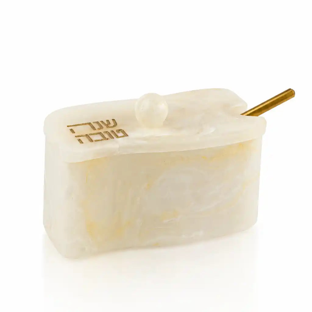 Gold Curve resin honey dish with Shana Tova on the lid, from Waterdale Collection