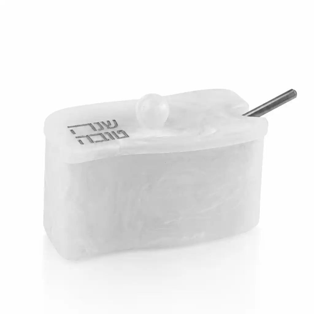 Silver Curve resin honey dish lettered Shana Tova (ראש השנה)