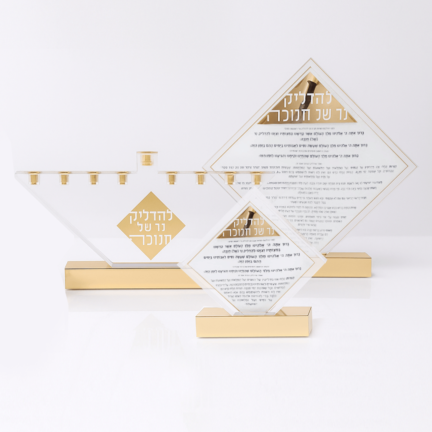 Modern acrylic and gold Chanukah menorah set from the Diamond Collection, featuring geometric diamond design with Hebrew blessings for lighting Chanukah candles  elegant contemporary Hanukkah decor and Judaica gift - Waterdale Collection