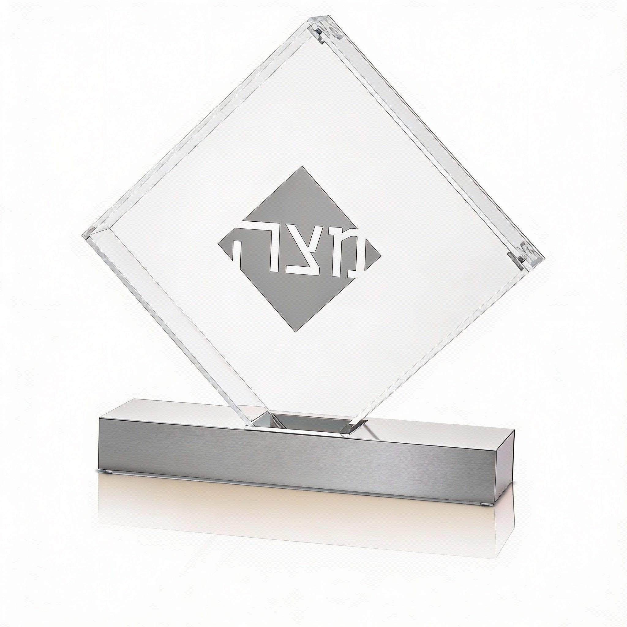 Luxury Passover Matzah holder, diamond-shaped lucite box with Hebrew lettering and silver pedestal base for Seder table decor.