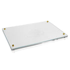 White embossed Regal challah board with matching clear cover and brass corner accents, perfect for Shabbat bread service.