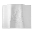 Embossed Regal Challah Board and Cover Set in silver with decorative leaf design on white fabric cover.