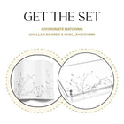 Waterdale Collection embroidered leaf challah board and cover set showing two white ceramic pieces with delicate botanical line drawings