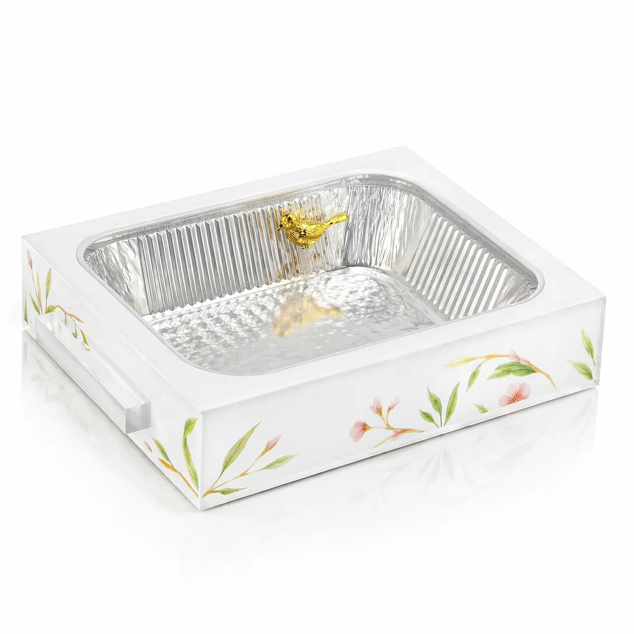 Floral Bird design 9X13 pan holder. White acrylic with floral design and gold bird knob on top. Clear acrylic block handles.