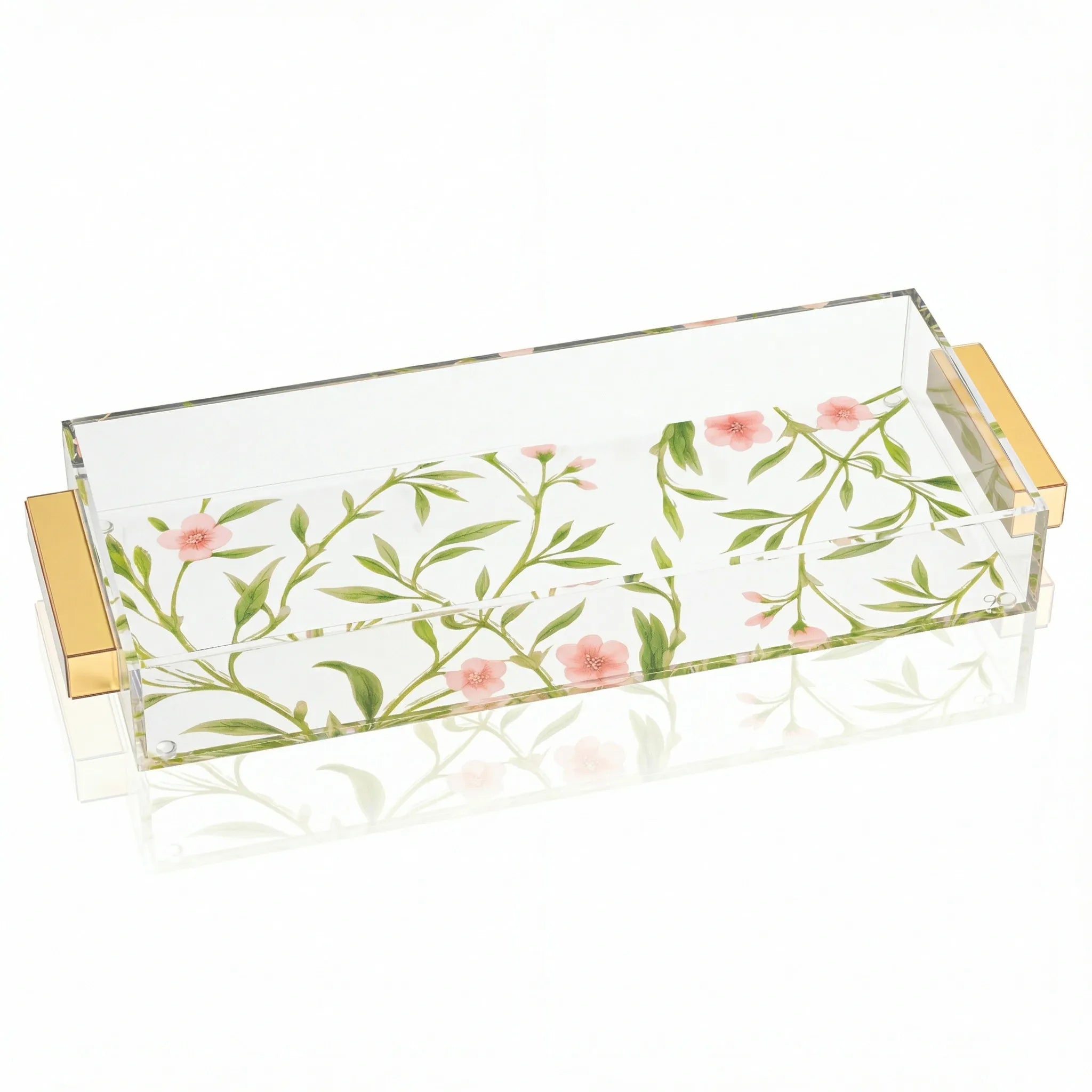 Pink / Green Floral Bird design Lucite bread tray on a white background - Waterdale Collection
